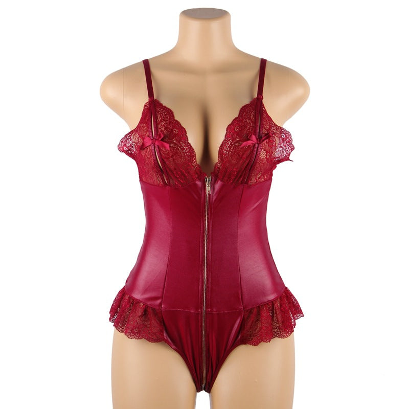 European And American Large Size Sexy Underwear Suspenders Hollow Sexy One-Piece Suit Zipper Open File Free Take Off Pajamas Foreign Trade 80939