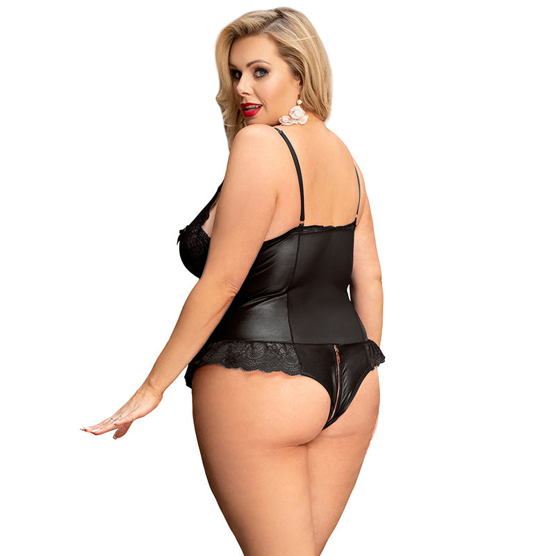 European And American Large Size Sexy Underwear Suspenders Hollow Sexy One-Piece Suit Zipper Open File Free Take Off Pajamas Foreign Trade 80939
